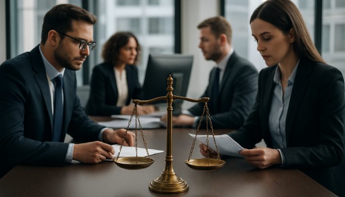 Auditors in a modern office reviewing financial reports on screens, with a balance scale symbolizing UK compliance.