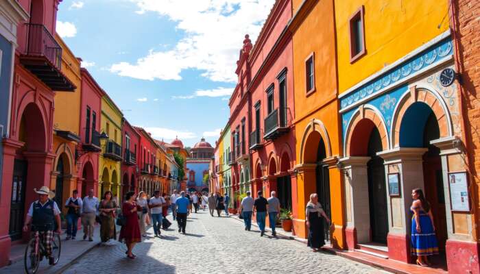 Vibrant street scene in San Miguel de Allende featuring colourful colonial architecture, intricate archways, cobbled streets, and locals dressed in traditional attire under a sunny sky.
