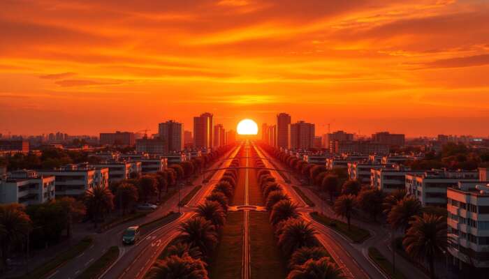 Symmetrical urban landscape captured at golden hour, featuring winding paths leading to a vibrant focal point and bold warm-cool colour contrasts.