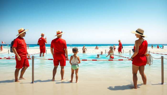 Beach scene with lifeguards in red uniforms monitoring swimmers in roped areas, families wearing hats and sunglasses under a bright sun.