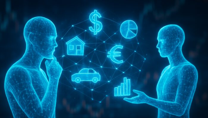 Holographic network of diverse assets and glowing AI assistants analysing risks for organisational stability.