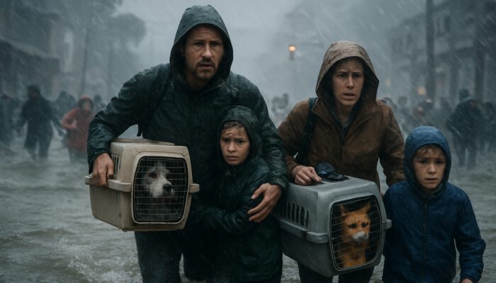 Family evacuates hurricane-ravaged city, carrying frightened dog and cat in carriers amid flooded streets and chaotic crowds.