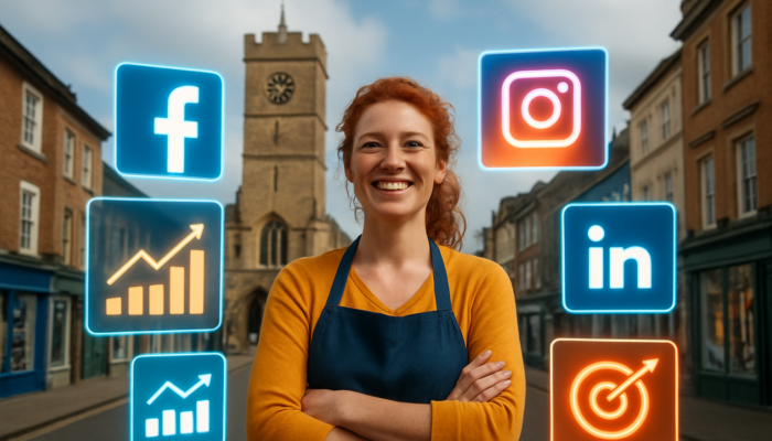 Energetic business owner in Devizes surrounded by screens displaying social media icons, SEO graphs, and Google Ads.