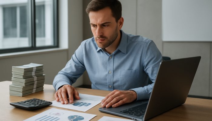 Focused professional in a UK office reviewing financial documents and charts for debt consolidation.