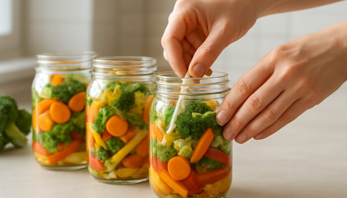Hands packing colourful vegetables into glass jars, removing air pockets with a tool.
