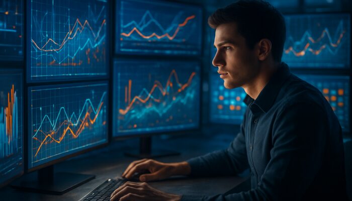 Digital analyst at a high-tech desk examining SEO keyword graphs and trend lines.
