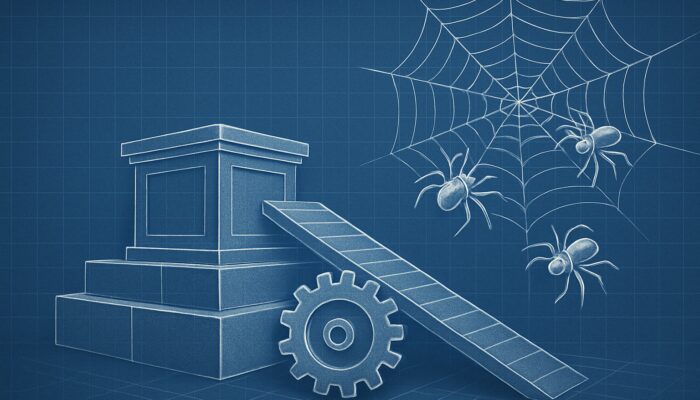 Digital blueprint with gears representing site speed, ramps for accessibility, and spiders crawling a web for SEO growth.