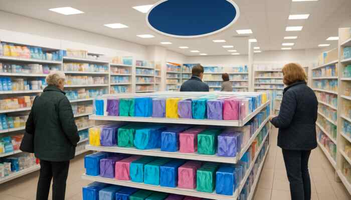 Busy Boots pharmacy in Lytham St Annes, featuring shelves filled with vibrant latex gloves and curious customers.