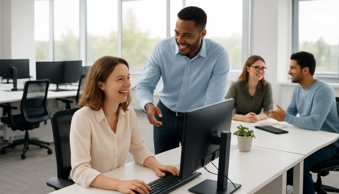 A modern Ilchester office showcasing immaculate desks, ergonomic workstations, and engaged employees collaborating.