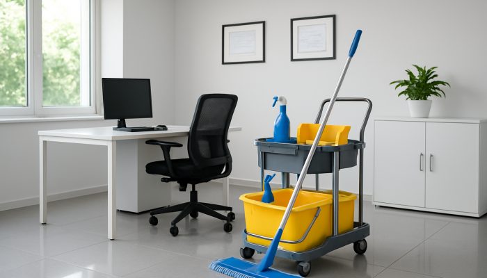 A pristine Ilchester office featuring polished surfaces and framed certificates from the British Institute of Cleaning Science.