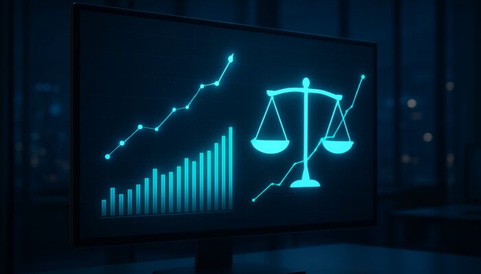 Sleek financial dashboard displaying Calmar Ratio, upward-trending stocks, and risk-return balance in a contemporary office.