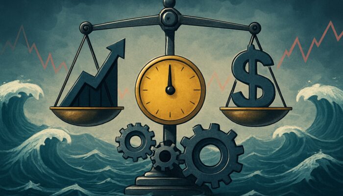 Financial scale balancing Calmar Ratio amid stock market fluctuations, with gears adjusting for volatility and risk.
