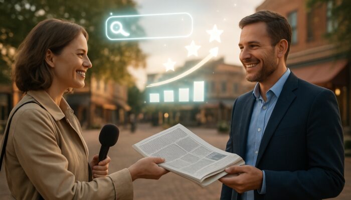 A journalist presenting a newspaper to a beaming business owner in a town square, surrounded by vibrant SEO icons