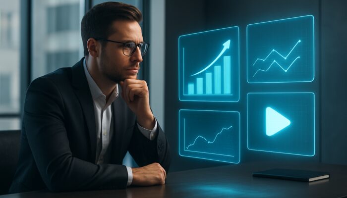 A marketer examining glowing holographic competitor media charts with strategic arrows in a contemporary office