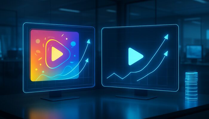 Holographic split-screen illustrating dynamic versus minimalist video ads with performance analytics for A/B testing optimisation