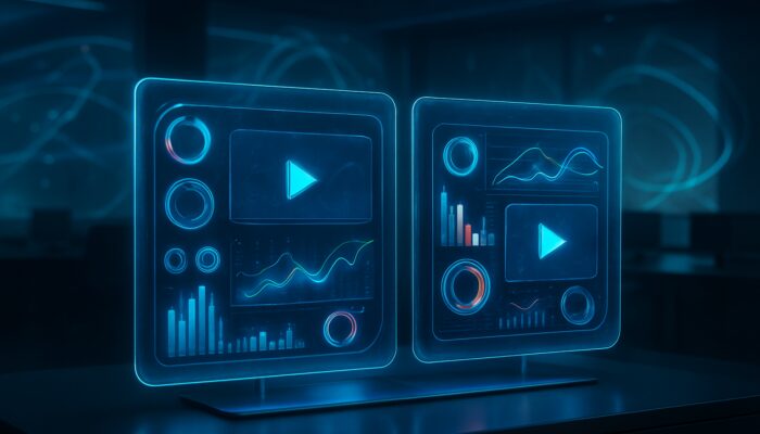 Futuristic split-screen holographic dashboard showcasing two video ad variants with dynamic analytics graphs and metrics.