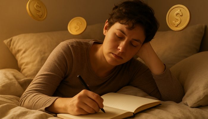 Building Compassionate Repayment Plans While Unwell: Guidance | DCL Tired individual resting in bed creating a gentle debt repayment plan in a journal with warm golden light