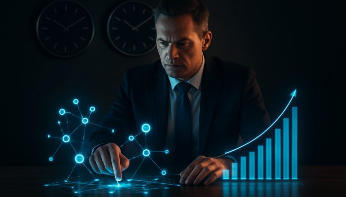 using lessons learned in new decisions: UK Strategies | DCL UK manager at sleek desk extracting holographic lessons from past projects to plan under ticking clocks