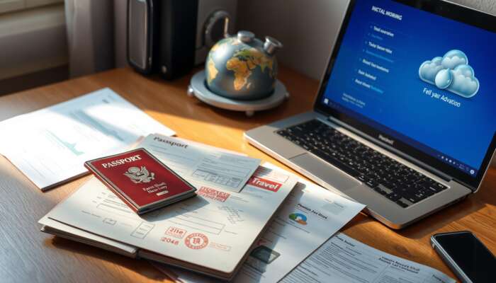 An organised desk displaying an open passport, visa stamps, insurance papers, and a laptop showcasing cloud backups in soft morning light.