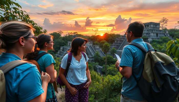 A diverse group of travellers exploring ancient Mayan ruins in lush Belizean jungles, dressed respectfully, consulting a local guide with secured backpacks under a vibrant sunset.