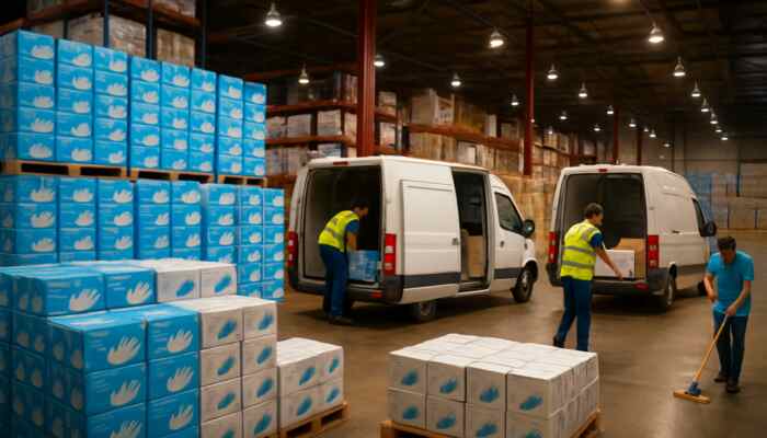 Warehouse in Hucknall filled with stacked boxes of bulk vinyl gloves as delivery vans load supplies under bright illumination.