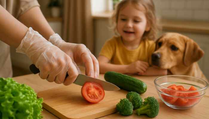 Hands in clear vinyl gloves preparing fresh food in a welcoming family kitchen with a child and pet nearby
