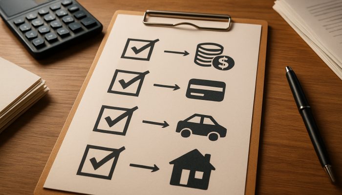 Checklist Before You Merge Any Debts: Key Points To Review | DCL Checklist on a wooden desk for merging debts with icons, calculator, and documents