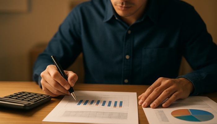 Checklist Before You Merge Any Debts: Key Points To Review | DCL Individual reviewing income statements for debt consolidation affordability assessment with calculator and charts