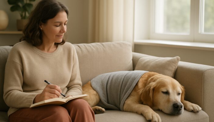 Relaxed dog wearing a calming wrap on the couch while the owner observes reactions in a journal