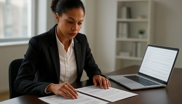 Combining Debts From Various Banks: Key Options | DCL Professional organising income proofs and identification documents beside a laptop for loan application in a bright modern office