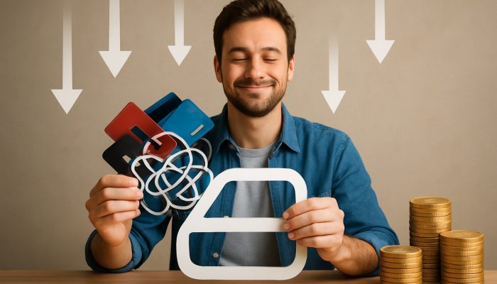 Combining Debts From Various Banks: Key Options | DCL UK borrower consolidates tangled credit cards into a low-rate loan with descending interest arrows and saved pounds