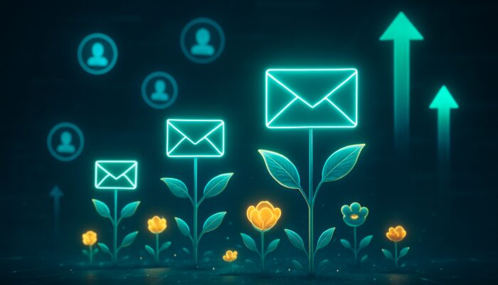 Digital art of glowing email envelopes blooming into flowers with customer icons and growth arrows in cybernetic workspace.