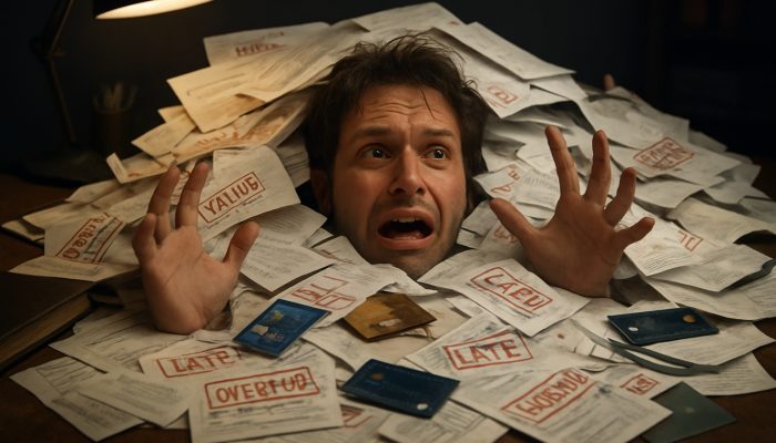 Signs You Have Too Many Separate Debts: Spot Key Indicators | DCL Person overwhelmed by a chaotic pile of overdue bills and loan documents on a cluttered desk