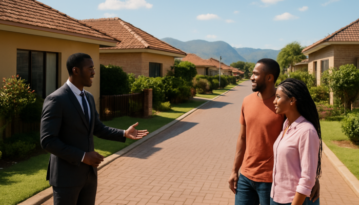 Couple exploring modern homes with a real estate agent on a lively Thohoyandou street under a sunny sky.