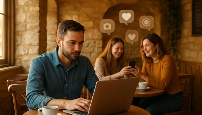 Café owner in Cirencester reviews Instagram posts on laptop amidst delighted patrons in golden light