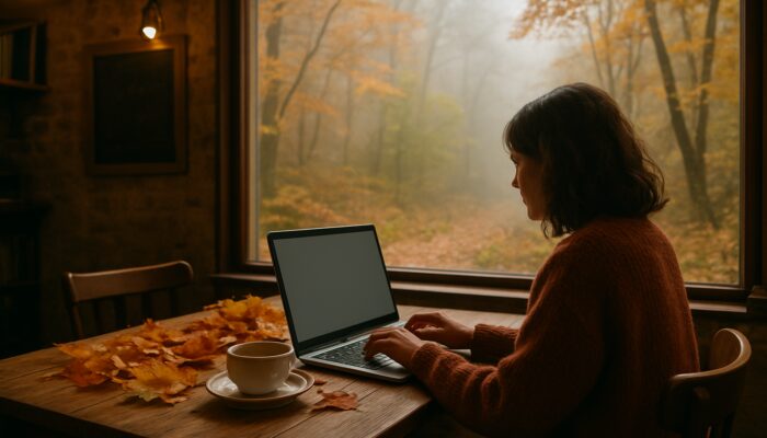 Welcoming Lydney café scene with owner blogging about local festivals on laptop surrounded by autumn foliage in the misty Forest of Dean