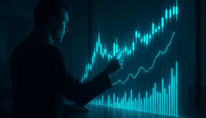 Trader modifying short ATR timeframes on holographic candlestick charts with visible volatility spikes in a dimly lit office.