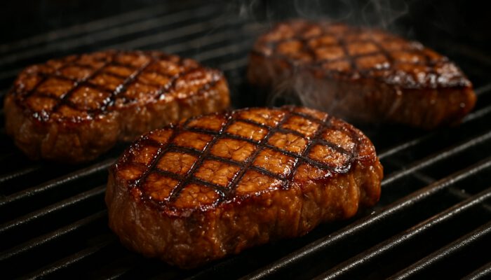 Juicy steaks with caramelized crosshatch sear marks sizzling on a canola-oiled grill