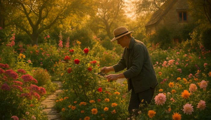 Gardener pruning roses in a thriving Martock cottage garden during the golden hour, surrounded by stone paths.