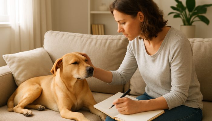 Owner inspecting relaxed dog on couch while recording flea control observations in notebook