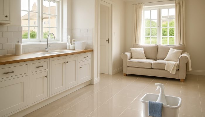 Immaculately cleaned British cottage interior in Milborne Port after end of tenancy cleaning, showcasing gleaming floors.