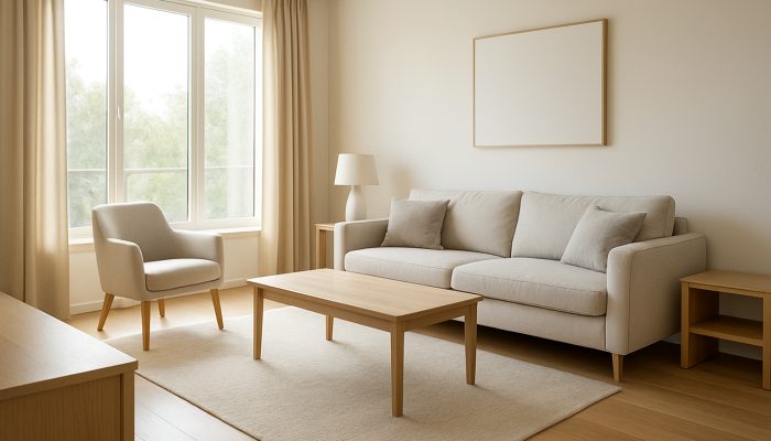 Bright, modern living room with organised surfaces and tidy furniture ready for professional cleaning.