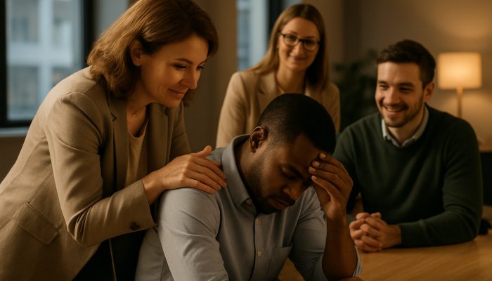 Choosing Support Instead of Hiding Problems: Practical Guide | DCL Manager comforting stressed employee in warmly lit modern office with empathetic colleagues
