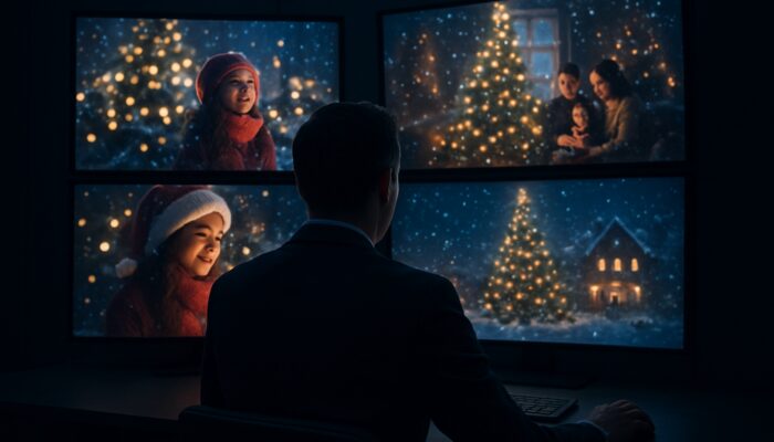 A strategist analysing competitors' festive video campaigns and metrics on illuminated screens in a dimly lit room.