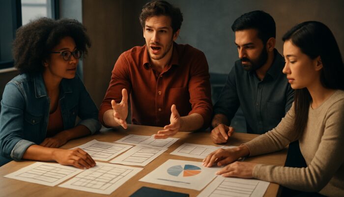 Diverse creative team collaborating on a brand video with storyboards and budget charts in cinematic lighting.