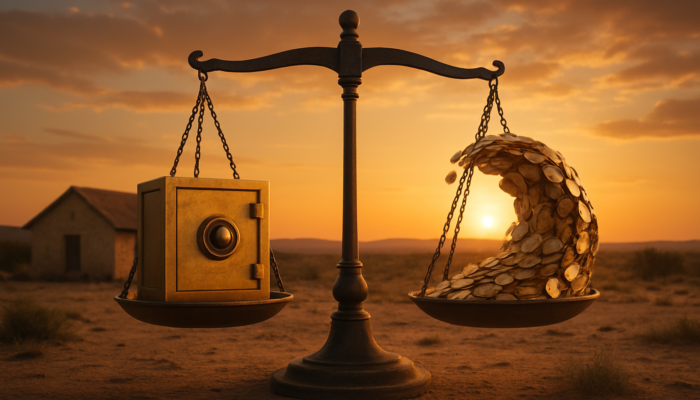 Rustic home in Beaufort West: secure fixed rates depicted alongside coins representing variable rates under a balancing scale at sunset.