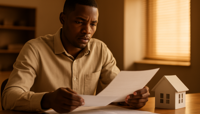 Focused South African applicant examining payslips and contracts for home loan at the bank.