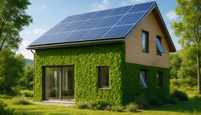 Modern eco-friendly house with solar panels, green walls, and smart windows in a tranquil environment.