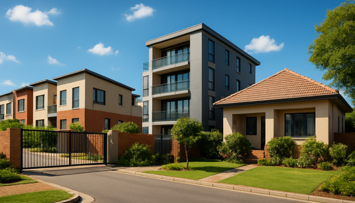 Vibrant South African neighbourhood showcasing modern townhouses, urban flats, and duplexes under a sunny sky.
