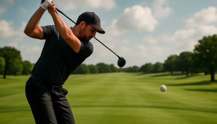 Golfer striking a low-spin golf ball that soars straight over a lush fairway, enhancing distance and control